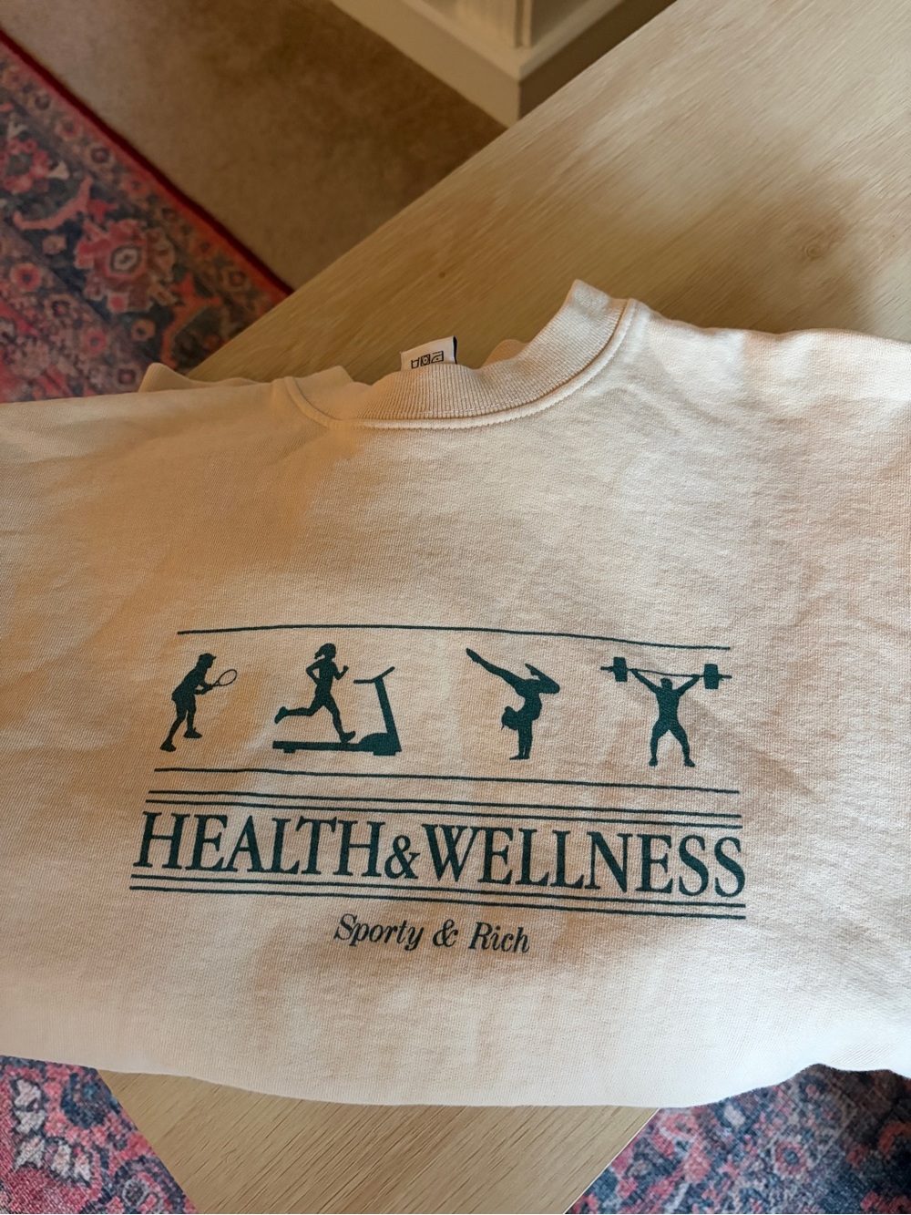 Sporty & Rich Health & Wellness Crewneck Sweatshirt - Cream with Green Logo - Picture 2 of 5